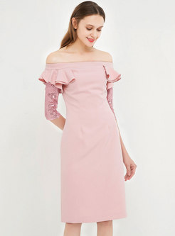 Chic Pink Sequins Slash Neck Falbala Slim Dress