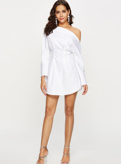 White Irregular Slash Neck Long Sleeve Shirt Dress