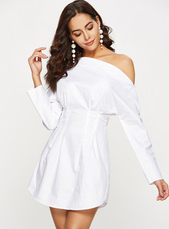 White Irregular Slash Neck Long Sleeve Shirt Dress