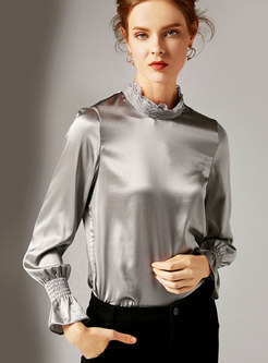 Chic Grey Solid Flare Sleeve Silk Slim Blouse