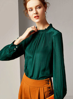 Brief Pure Color Ruffled Neck All-matched Blouse