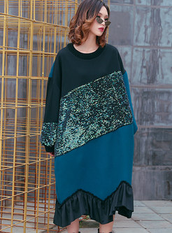 Stylish Color-blocked Splicing Sequined Loose Dress