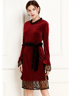 Fashion Crew-neck Lace Stitching All-matched Dress