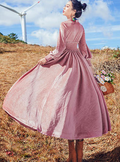 Trendy Pink V-neck Velvet Gathered Waist Maxi Dress