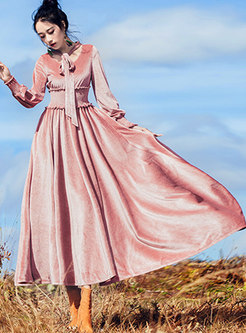 Trendy Pink V-neck Velvet Gathered Waist Maxi Dress