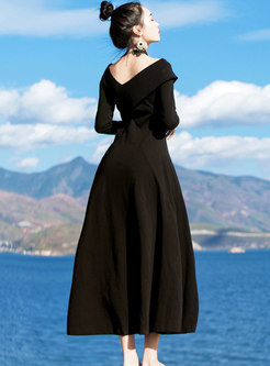 Sexy Black V-neck Cut-back Long Sleeve Dress