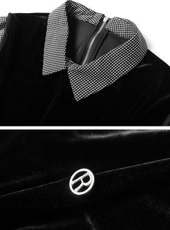 Black Turn-down Collar Stitching Velvet Blouse