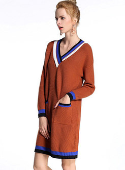 Stylish Color-blocked V-neck Loose Sweater Dress