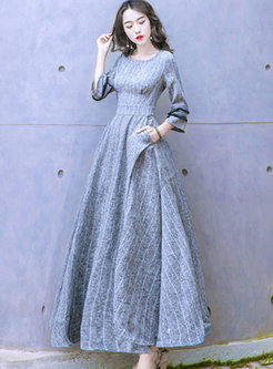 Fashion Grey Three Quarters Sleeve Linen Maxi Dress