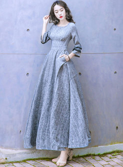 Fashion Grey Three Quarters Sleeve Linen Maxi Dress