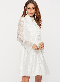 Solid Color Turtle Neck Flare Sleeve Lace Dress
