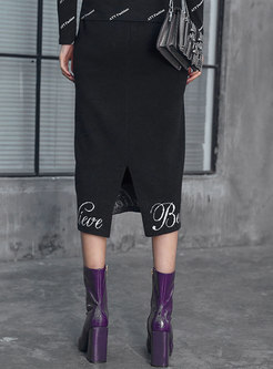 Sexy Black High-rise Letter Jacquard Knitted Skirt