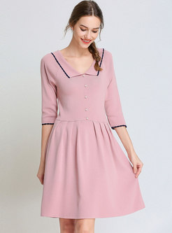 Pink Polo Collar High Waist Knitted Skater Dress