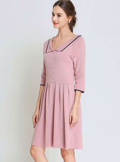 Pink Polo Collar High Waist Knitted Skater Dress