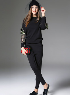 O-neck Embroidered Patchwork Knitted Top & Slim Pants