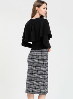 Elegant Black Single-breasted Cape Sweater & Plaid Elastic Waist Sheath Skirt