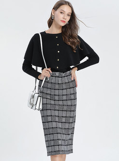 Elegant Black Single-breasted Cape Sweater & Plaid Elastic Waist Sheath Skirt