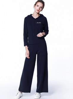 Casual Hooded Tied Knitted Top & Elastic Waist Wide Leg Pants