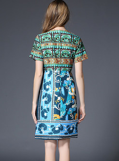 Short Sleeve Jacquard Waist Slit Knee-length Dress