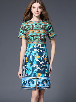 Short Sleeve Jacquard Waist Slit Knee-length Dress