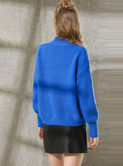 Trendy Blue Half Turtle Neck Loose Sweater