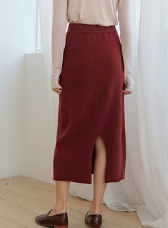 Trendy Red Woolen High Waist Bottoming Skirt