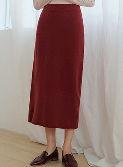 Trendy Red Woolen High Waist Bottoming Skirt