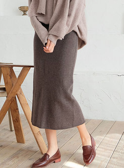 Trendy Coffee Woolen High Waist Bottoming Skirt