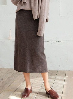 Trendy Coffee Woolen High Waist Bottoming Skirt