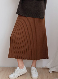 Winter Red-coffee High-rise Knitted Slim Skater Skirt