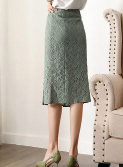Elegant High Waist Slit Lace Skirt