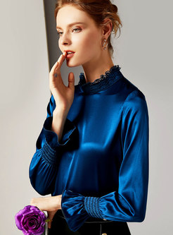 Chic Blue Solid Flare Sleeve Silk Slim Blouse