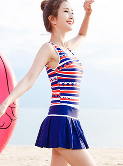 Fashion O-neck Striped Star Print One Piece Swimwear