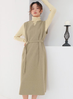 Stylish Solid Color V-neck Sleeveless Bottoming Dress