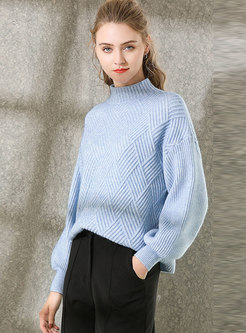 Brief Blue Stand Collar Loose Knitted Sweater