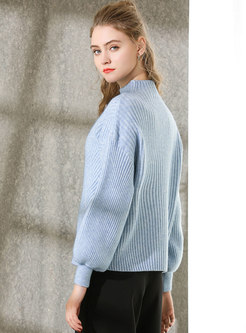 Brief Blue Stand Collar Loose Knitted Sweater