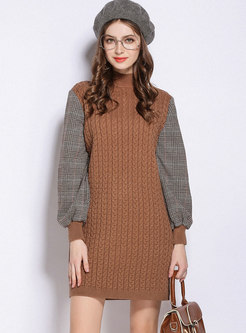 Grid Splicing Lantern Sleeve Stand Collar Sweater Dress