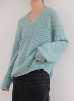 Chic V-neck Long Sleeve Mohair Long Sleeve Sweater