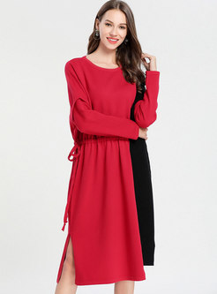 Chic Color-blocked O-neck Tie-waist Slit Sweater Dress