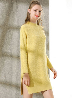 Pure Color Stand Collar Side-slit Shift Knitted Dress
