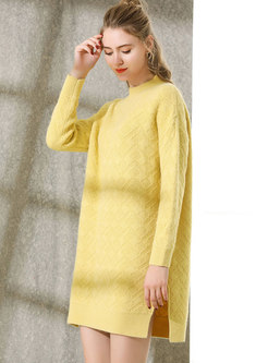 Pure Color Stand Collar Side-slit Shift Knitted Dress