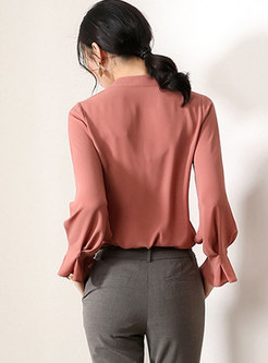 Solid Collar O-neck Hollow Out Flare Sleeve Pullover Blouse
