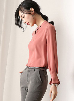 Solid Collar O-neck Hollow Out Flare Sleeve Pullover Blouse