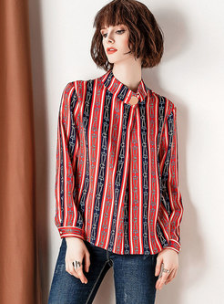 Chic Striped Print Stand Collar Silk Blouse