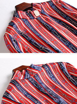 Chic Striped Print Stand Collar Silk Blouse