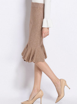 Chic High Waist Knee-length Falbala Knitted Skirt