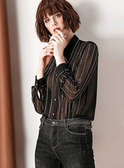 Fashion Striped Drilling Lapel See-through Blouse