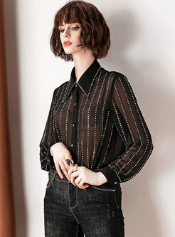 Fashion Striped Drilling Lapel See-through Blouse