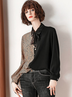 Chic Leopard Splicing Lapel Bowknot Single-breasted Blouse