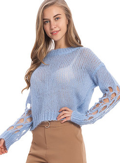 Casual Solid Color Crew-neck Knitted Hollow Out Sweater